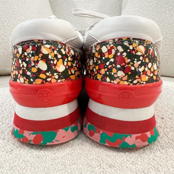 Tory Burch Festival Sawtooth Logo Trainer Sneaker suede cream red sz 8 - Picture 7 of 9